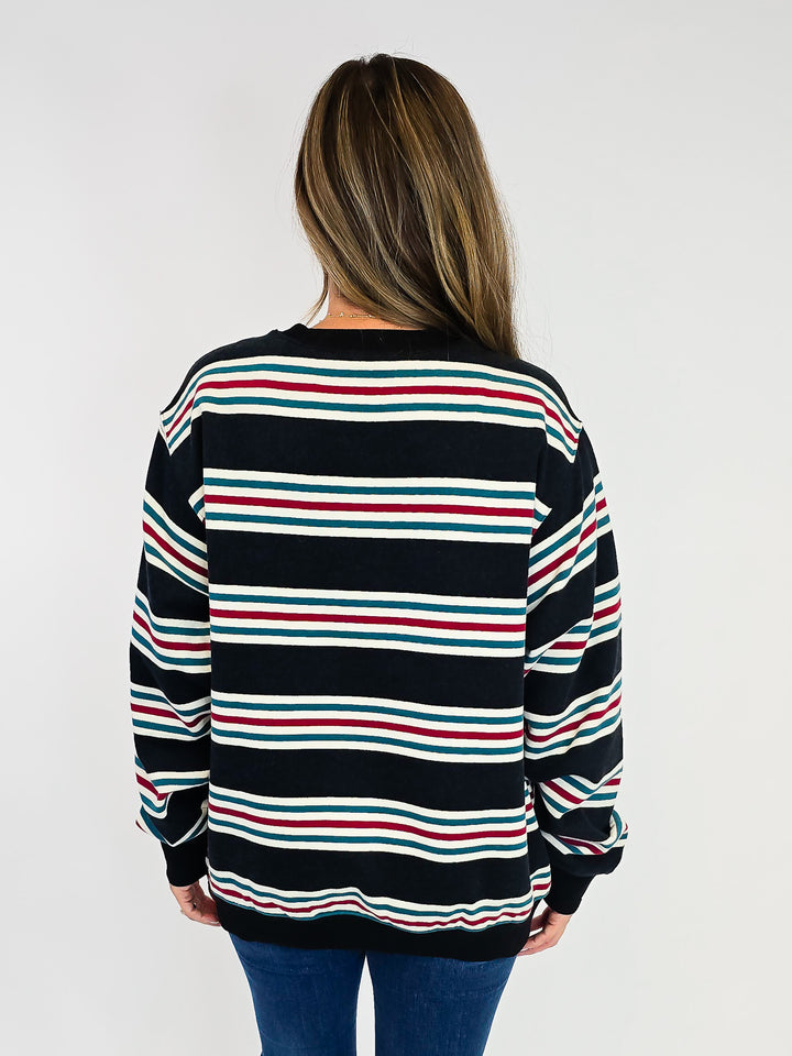 RETRO STRIPED CREW NECK SWEATSHIRT - DUST NAVY