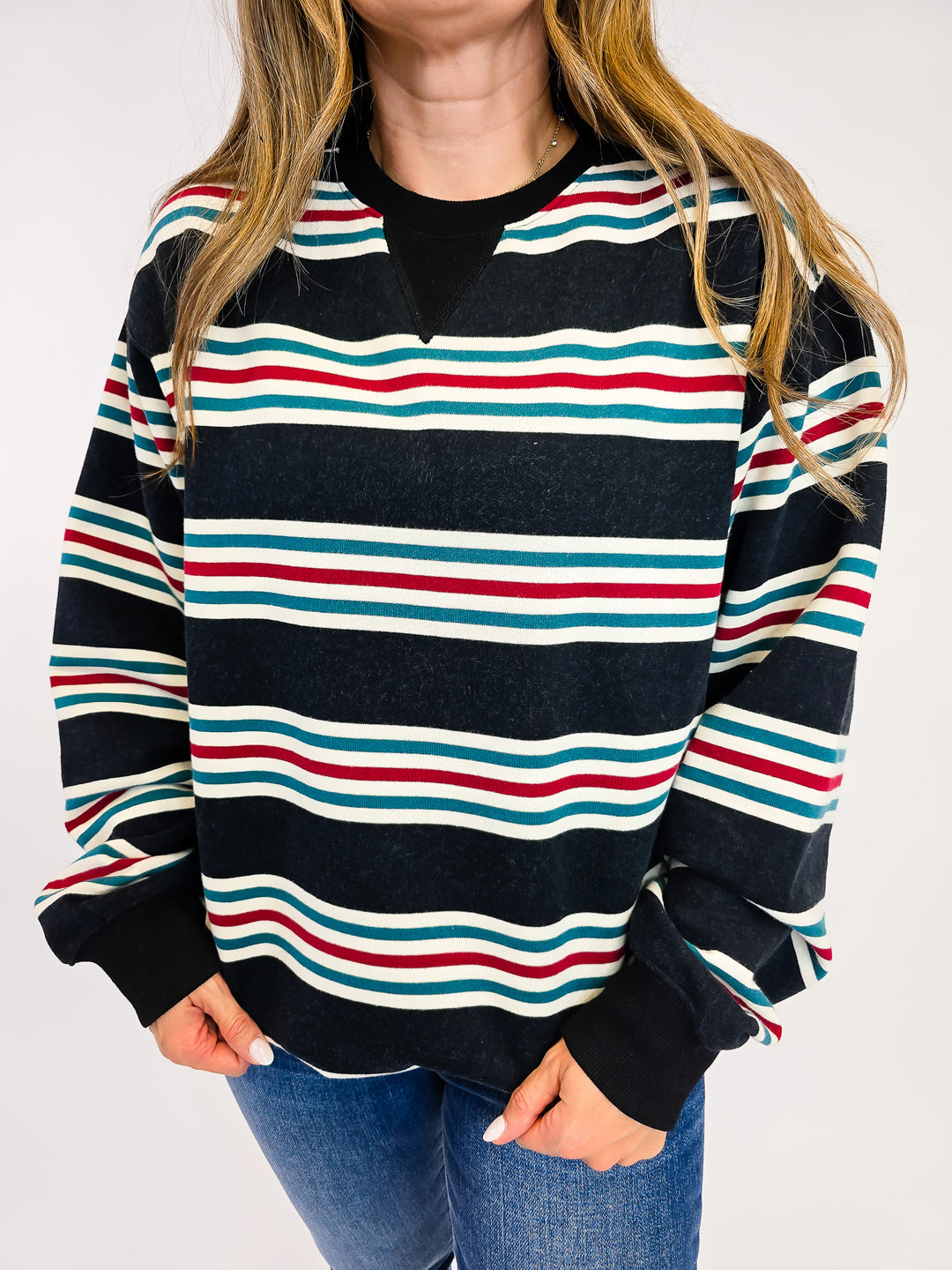 RETRO STRIPED CREW NECK SWEATSHIRT - DUST NAVY