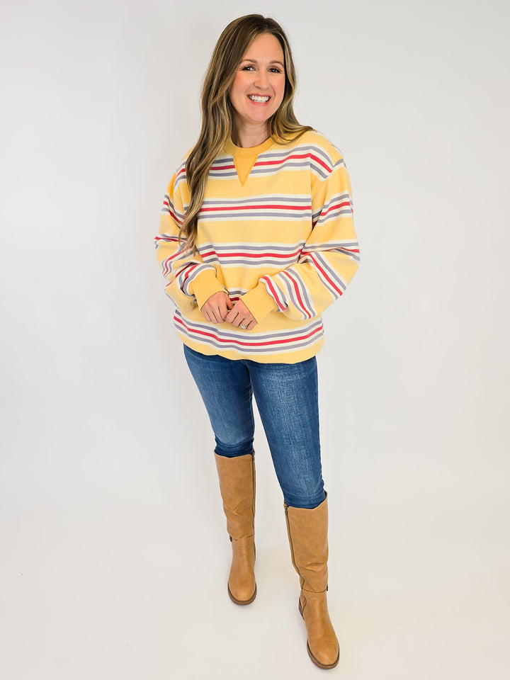 RETRO STRIPED CREW NECK SWEATSHIRT - MUSTARD