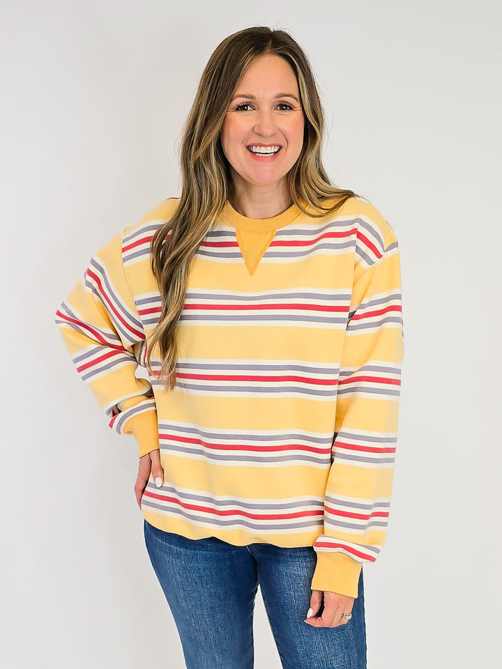 RETRO STRIPED CREW NECK SWEATSHIRT - MUSTARD