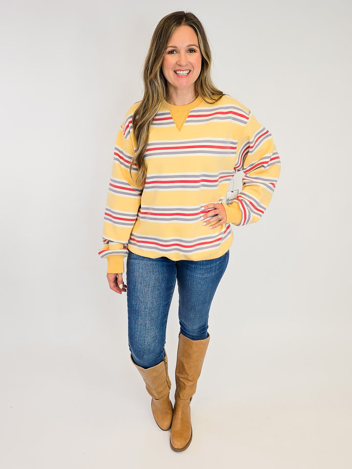 RETRO STRIPED CREW NECK SWEATSHIRT - MUSTARD