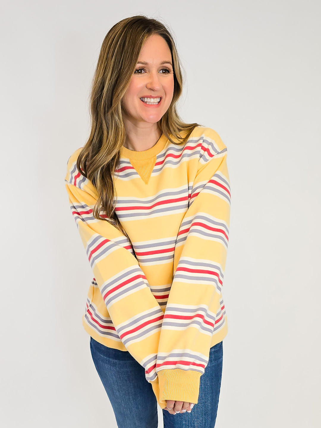 RETRO STRIPED CREW NECK SWEATSHIRT - MUSTARD