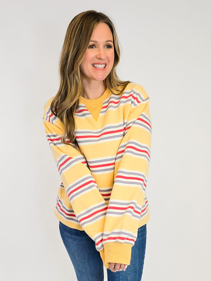 RETRO STRIPED CREW NECK SWEATSHIRT - MUSTARD