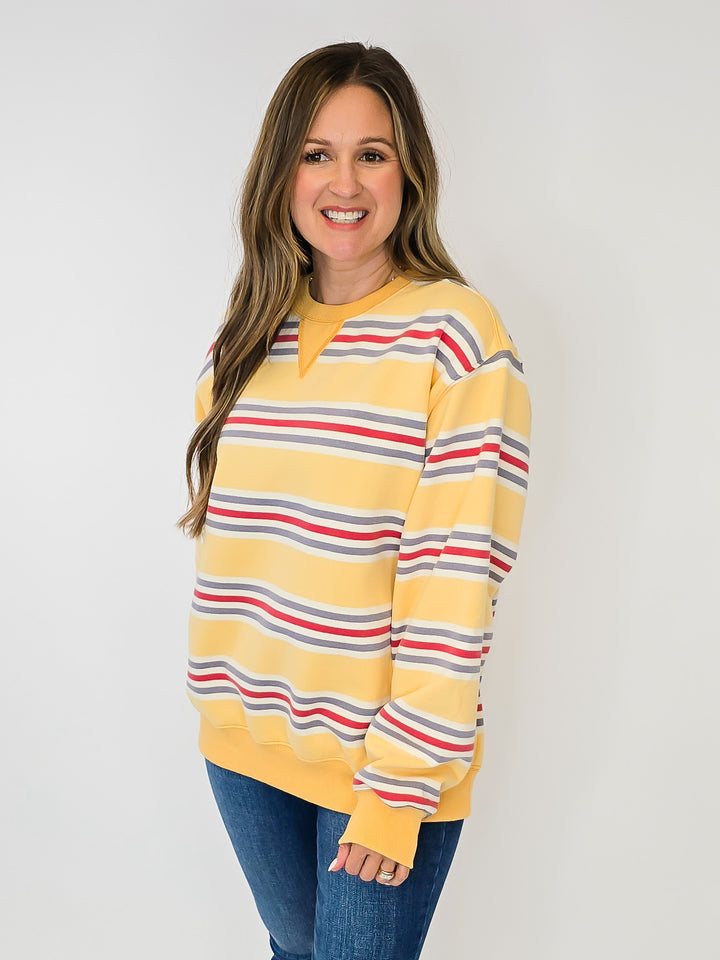 RETRO STRIPED CREW NECK SWEATSHIRT - MUSTARD