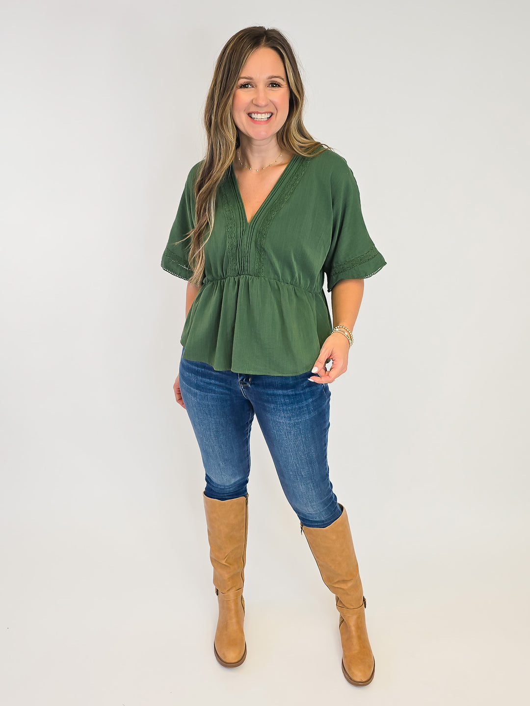 SOLID SHORT SLEEVE PEPLUM TOP W/LACE - OLIVE