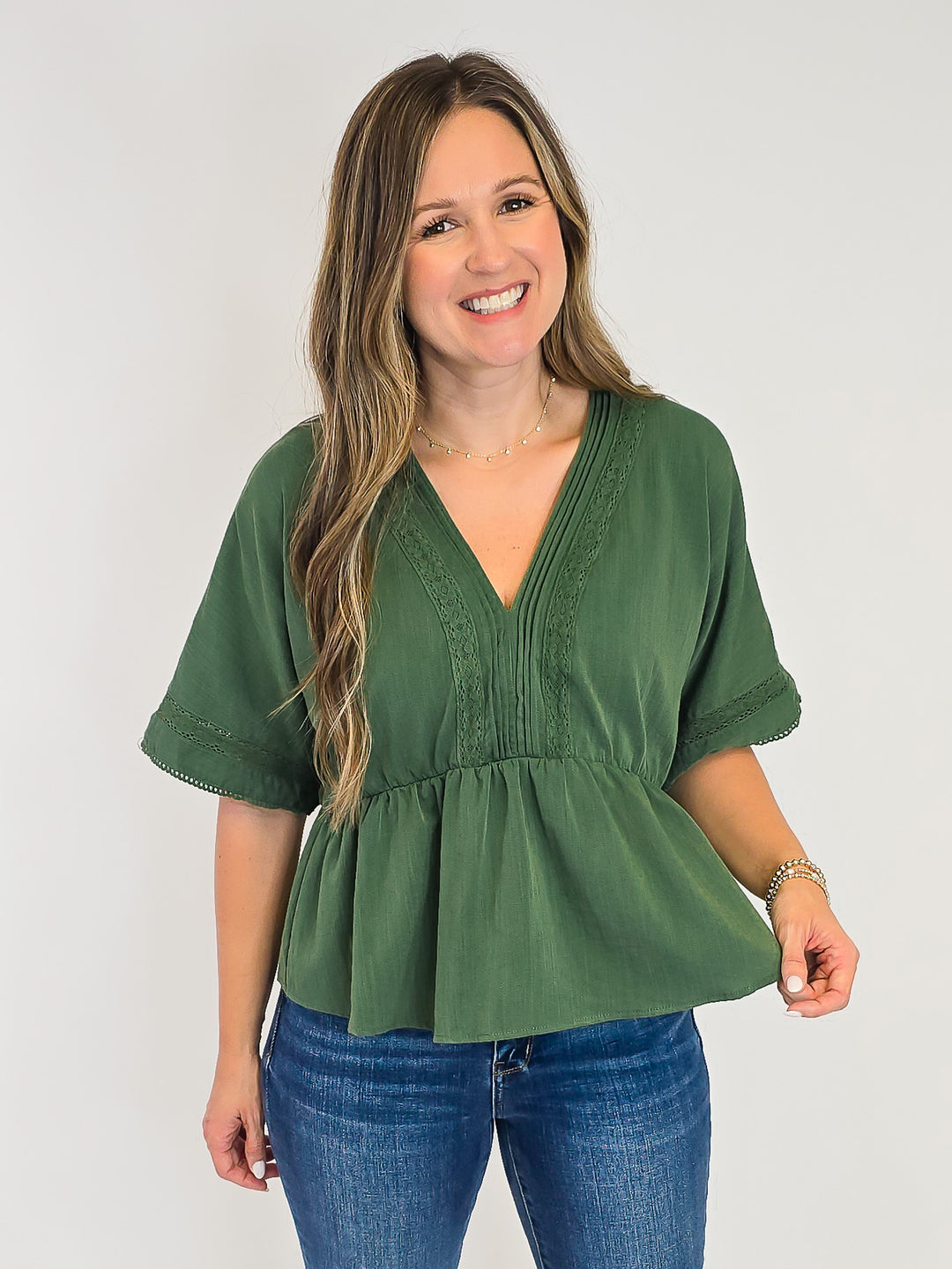 SOLID SHORT SLEEVE PEPLUM TOP W/LACE - OLIVE