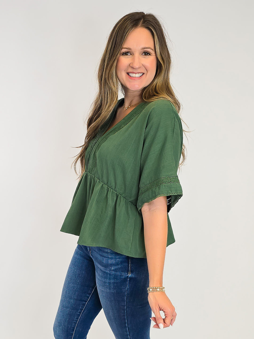 SOLID SHORT SLEEVE PEPLUM TOP W/LACE - OLIVE