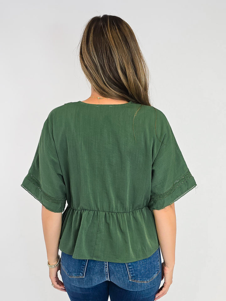 SOLID SHORT SLEEVE PEPLUM TOP W/LACE - OLIVE