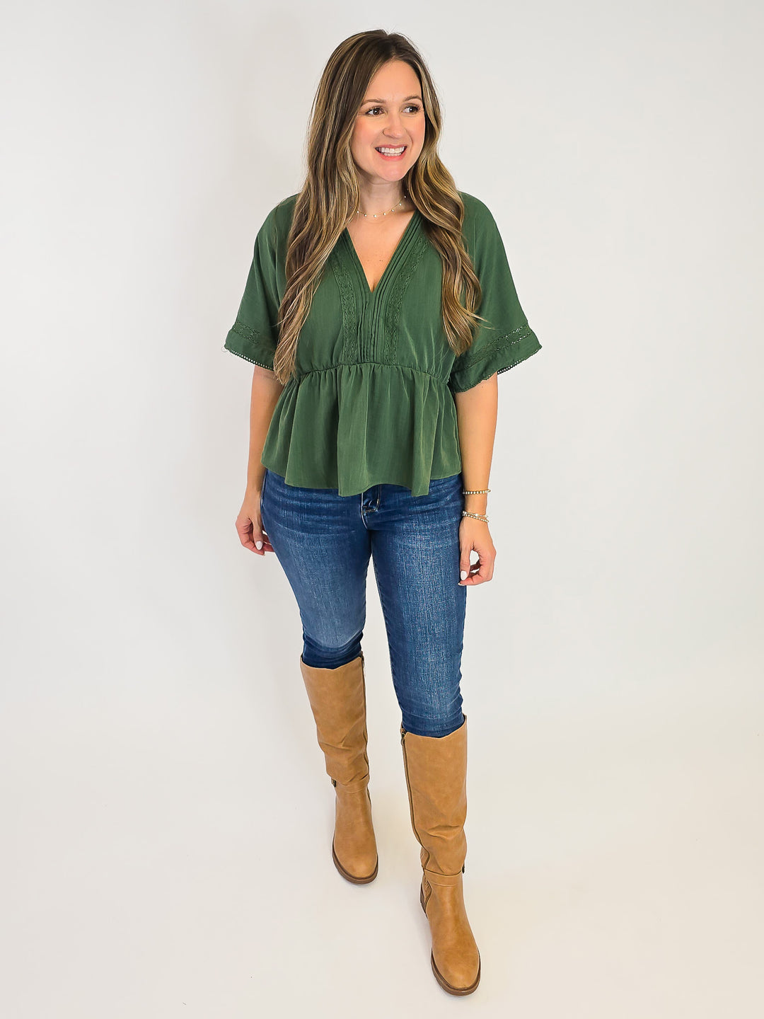 SOLID SHORT SLEEVE PEPLUM TOP W/LACE - OLIVE