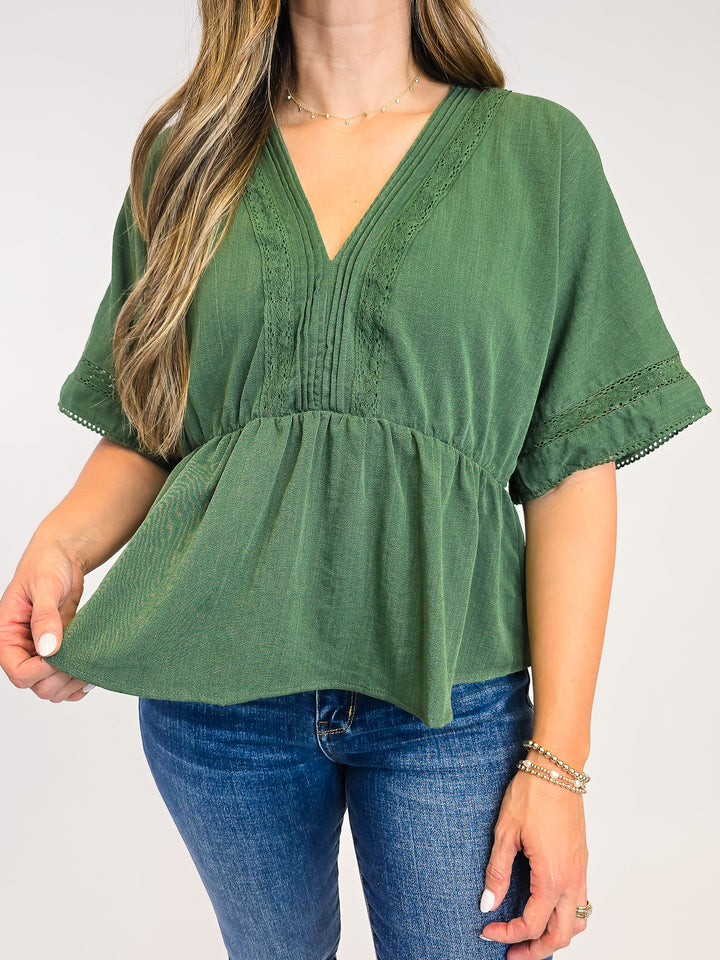 SOLID SHORT SLEEVE PEPLUM TOP W/LACE - OLIVE