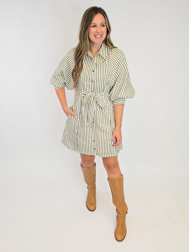 3/4 PUFF SLEEVE STRIPED SHORT DRESS - OLIVE
