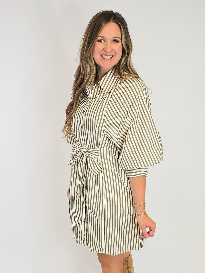 3/4 PUFF SLEEVE STRIPED SHORT DRESS - OLIVE