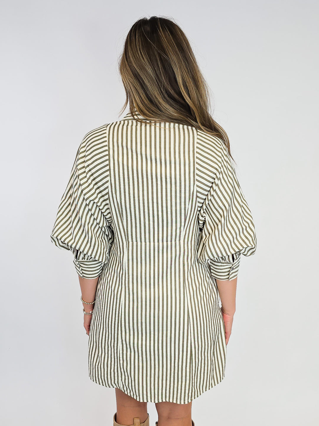 3/4 PUFF SLEEVE STRIPED SHORT DRESS - OLIVE