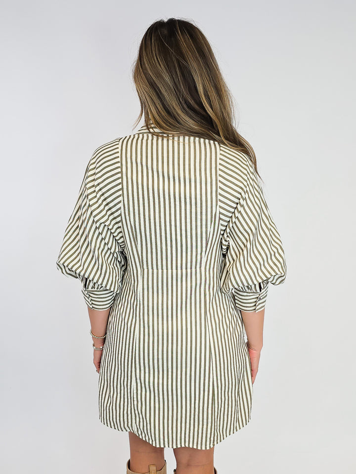 3/4 PUFF SLEEVE STRIPED SHORT DRESS - OLIVE