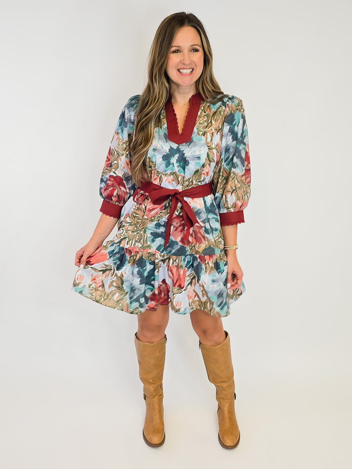 3/4 SLEEVE FLORAL PRINT SHORT DRESS W/TIE - CHESTNUT
