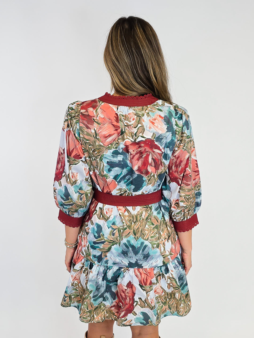 3/4 SLEEVE FLORAL PRINT SHORT DRESS W/TIE - CHESTNUT