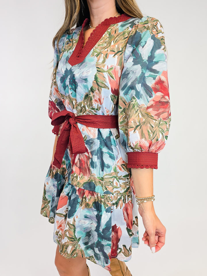 3/4 SLEEVE FLORAL PRINT SHORT DRESS W/TIE - CHESTNUT