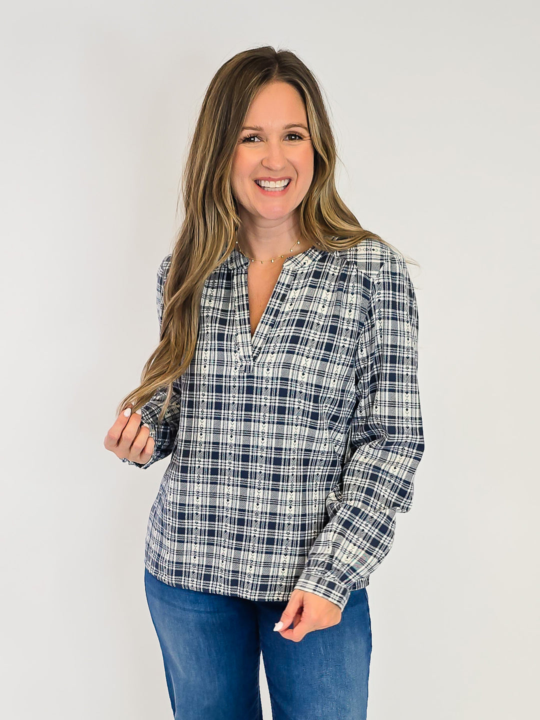 PLAID LONG SLEEVE IRENE TOP - CREAM NAVY