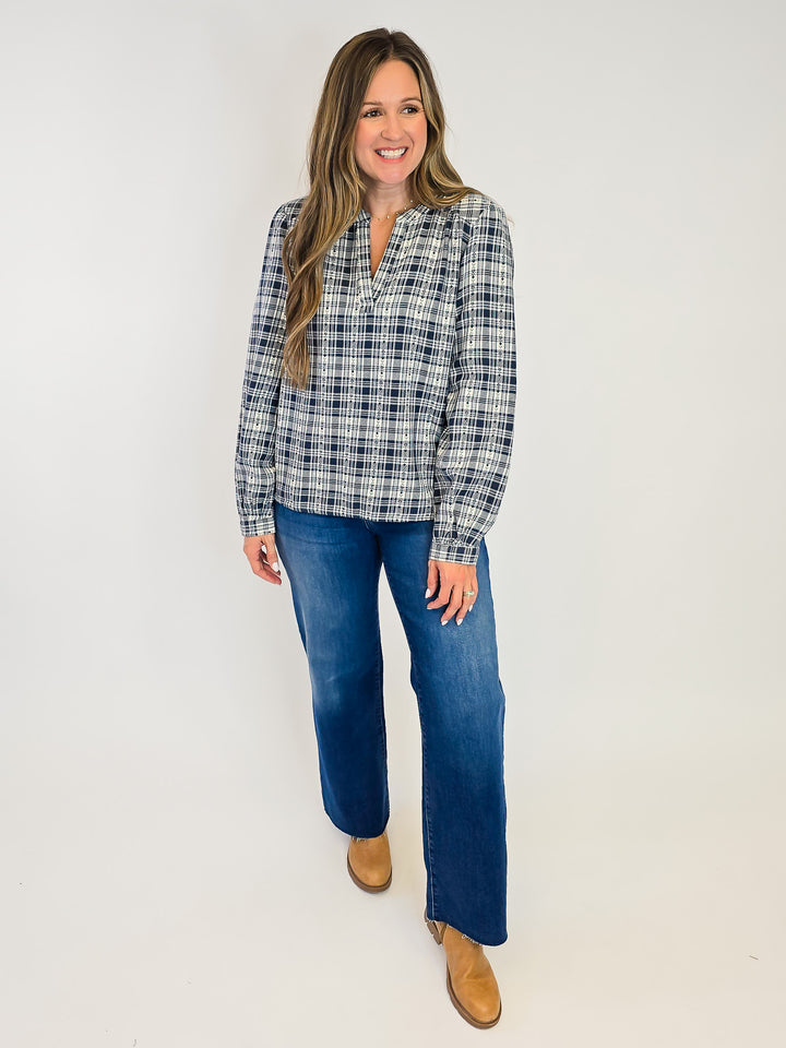 PLAID LONG SLEEVE IRENE TOP - CREAM NAVY