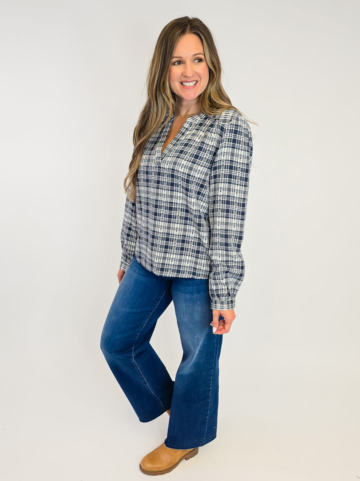 PLAID LONG SLEEVE IRENE TOP - CREAM NAVY