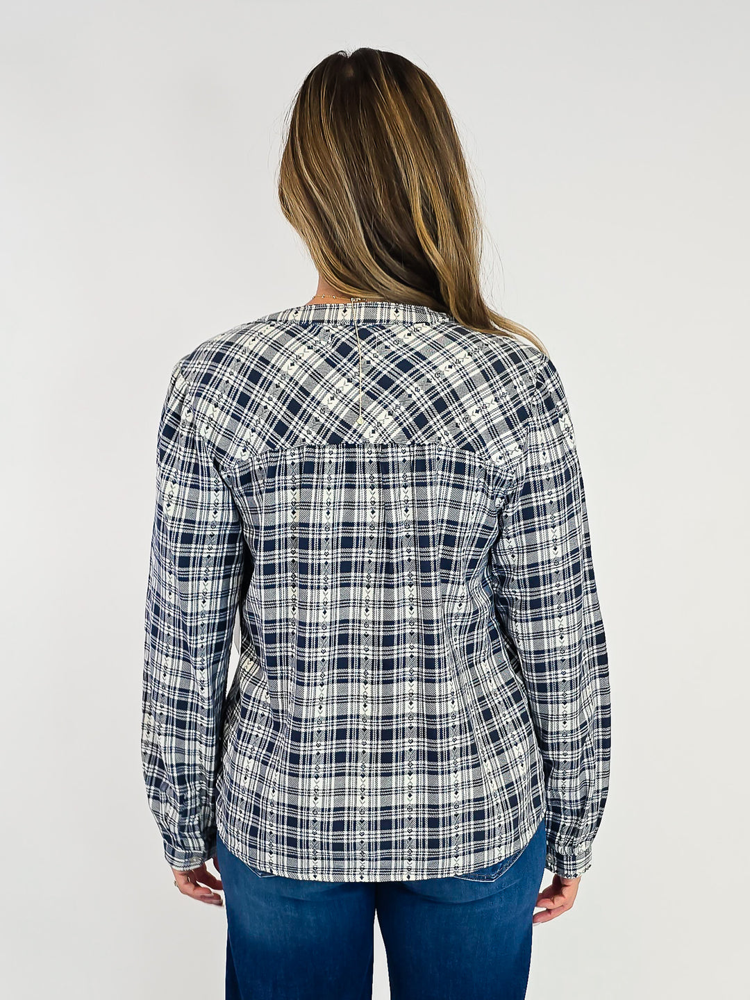 PLAID LONG SLEEVE IRENE TOP - CREAM NAVY