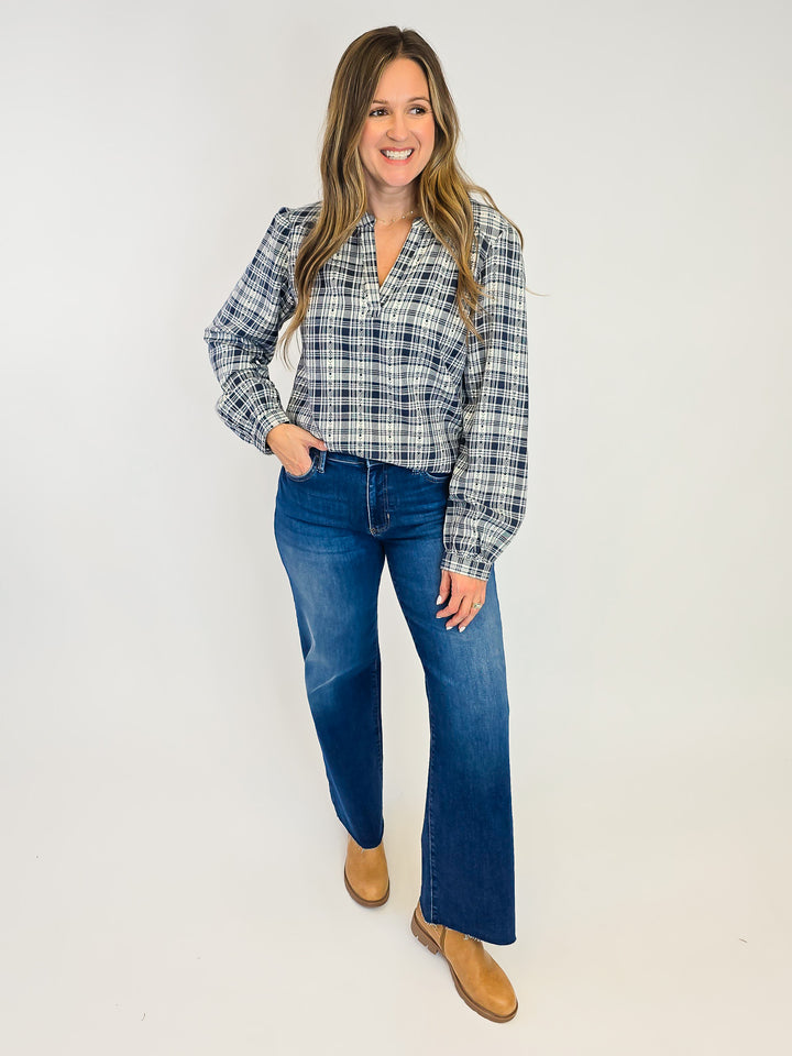 PLAID LONG SLEEVE IRENE TOP - CREAM NAVY