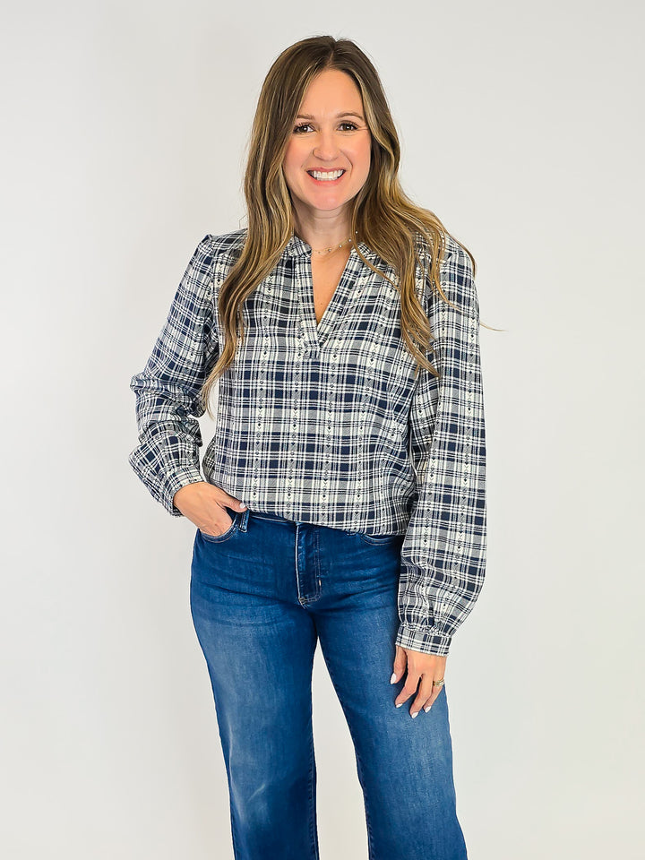 PLAID LONG SLEEVE IRENE TOP - CREAM NAVY