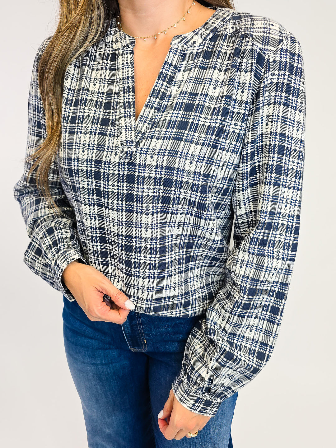 PLAID LONG SLEEVE IRENE TOP - CREAM NAVY