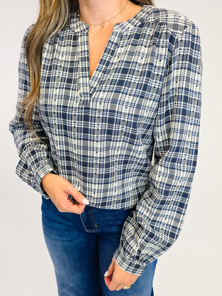 PLAID LONG SLEEVE IRENE TOP - CREAM NAVY