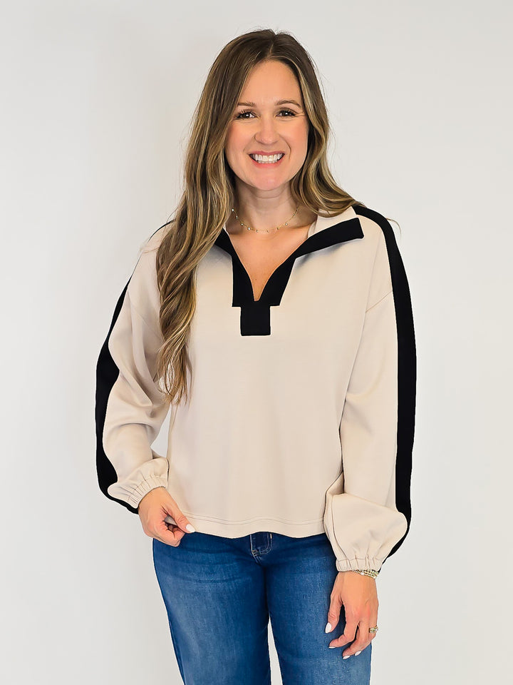 LONG SLEEVE COLLARED CONTRAST COLOR PULLOVER - OATMEAL