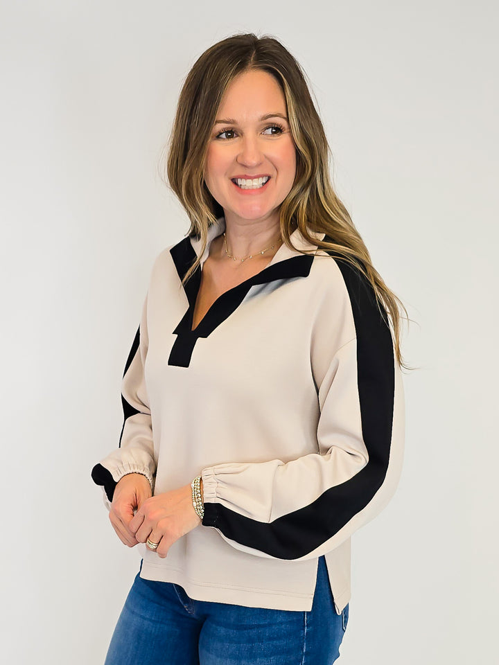 LONG SLEEVE COLLARED CONTRAST COLOR PULLOVER - OATMEAL