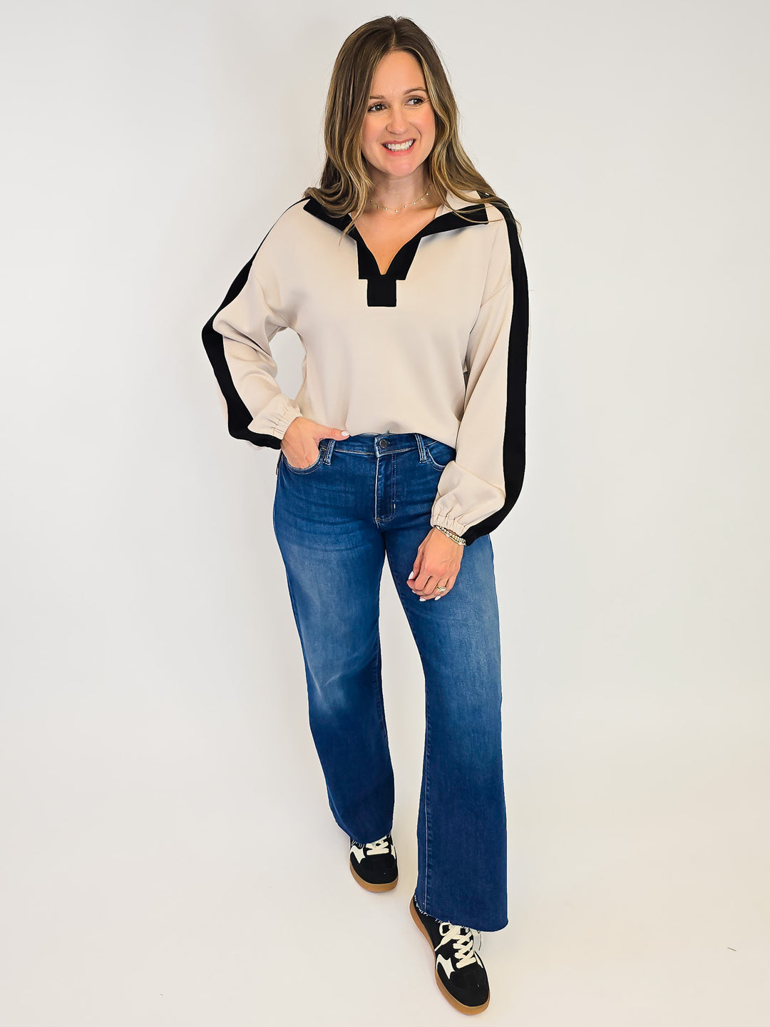 LONG SLEEVE COLLARED CONTRAST COLOR PULLOVER - OATMEAL