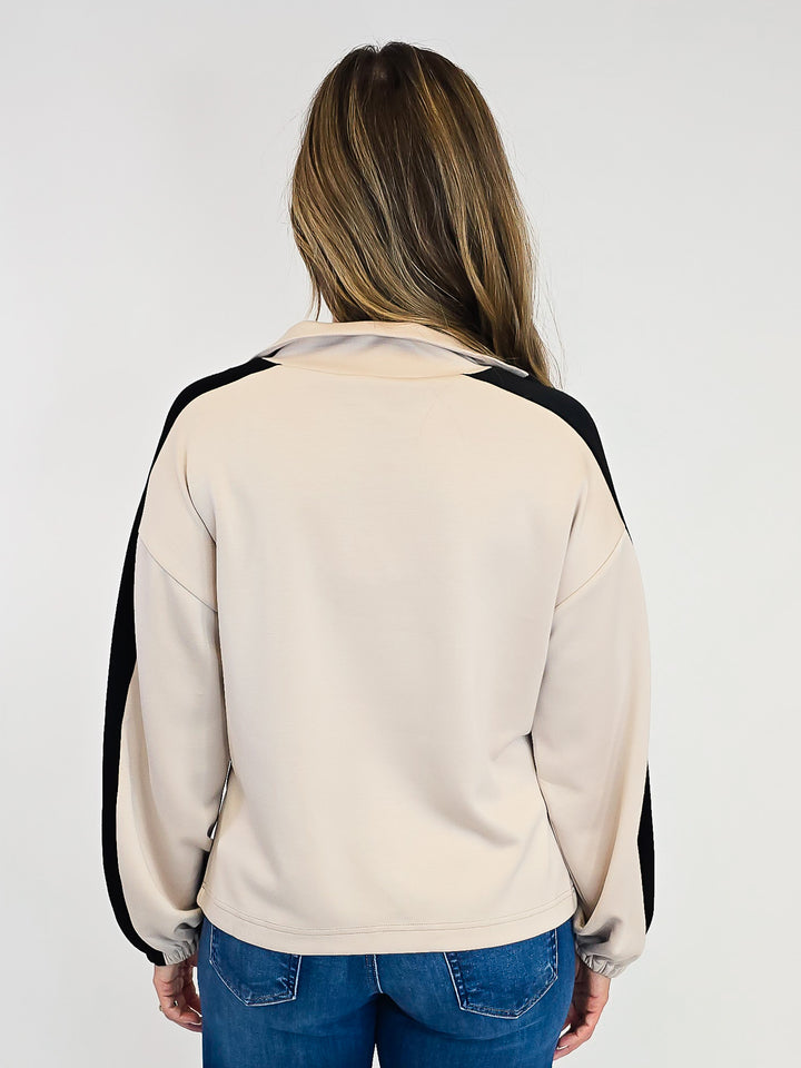 LONG SLEEVE COLLARED CONTRAST COLOR PULLOVER - OATMEAL