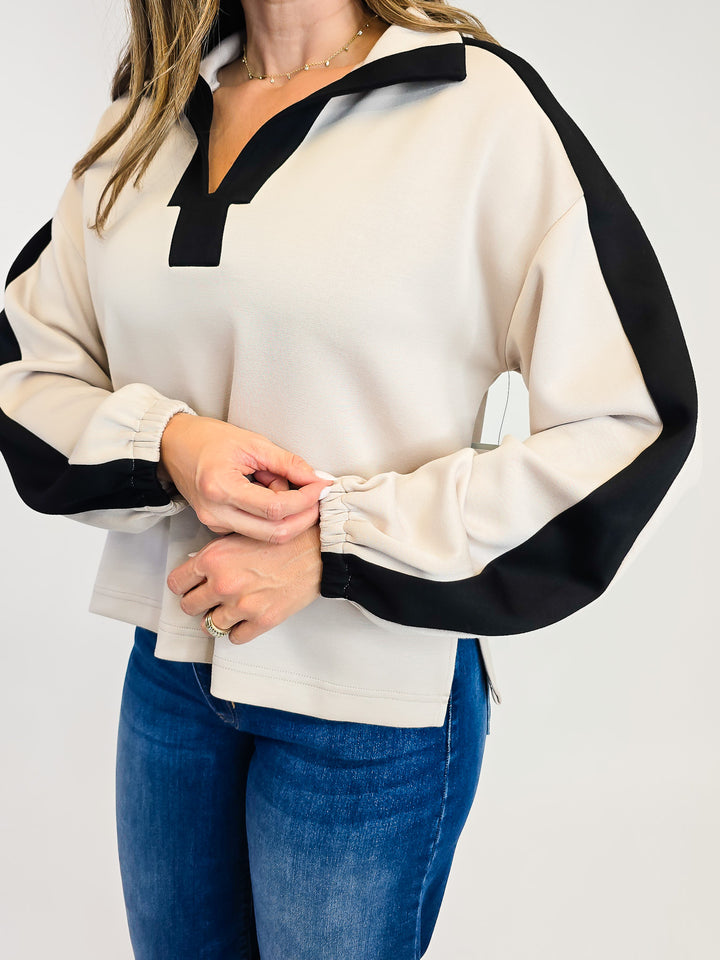 LONG SLEEVE COLLARED CONTRAST COLOR PULLOVER - OATMEAL