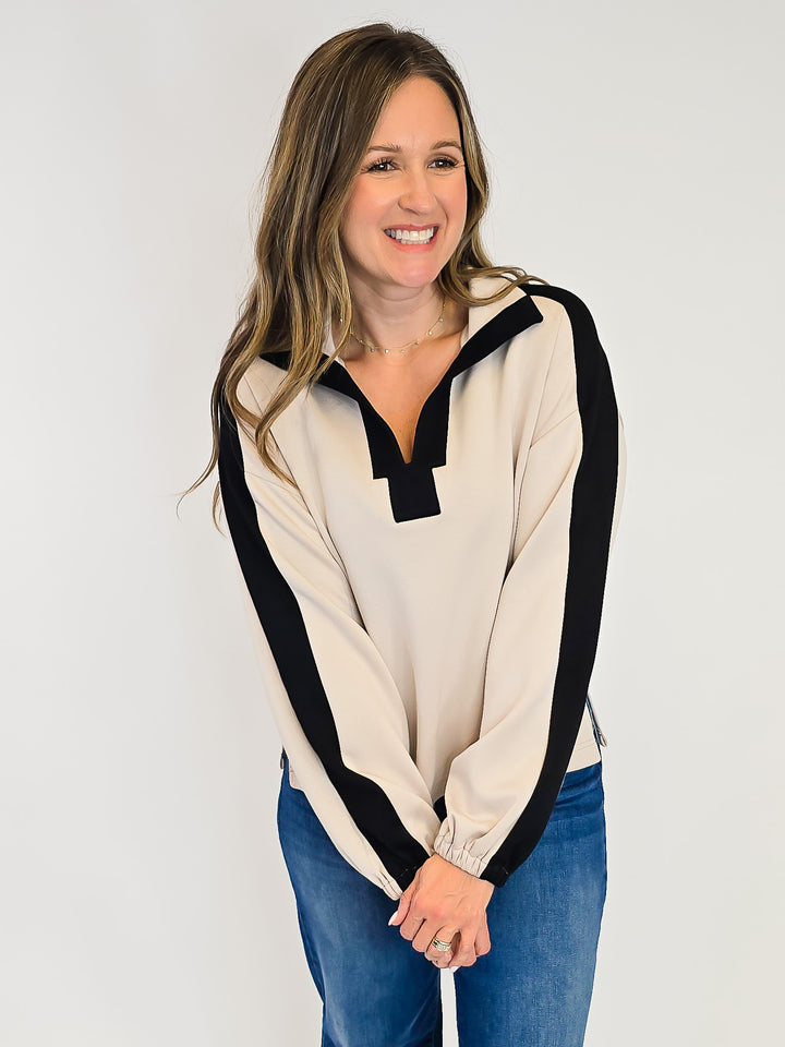 LONG SLEEVE COLLARED CONTRAST COLOR PULLOVER - OATMEAL