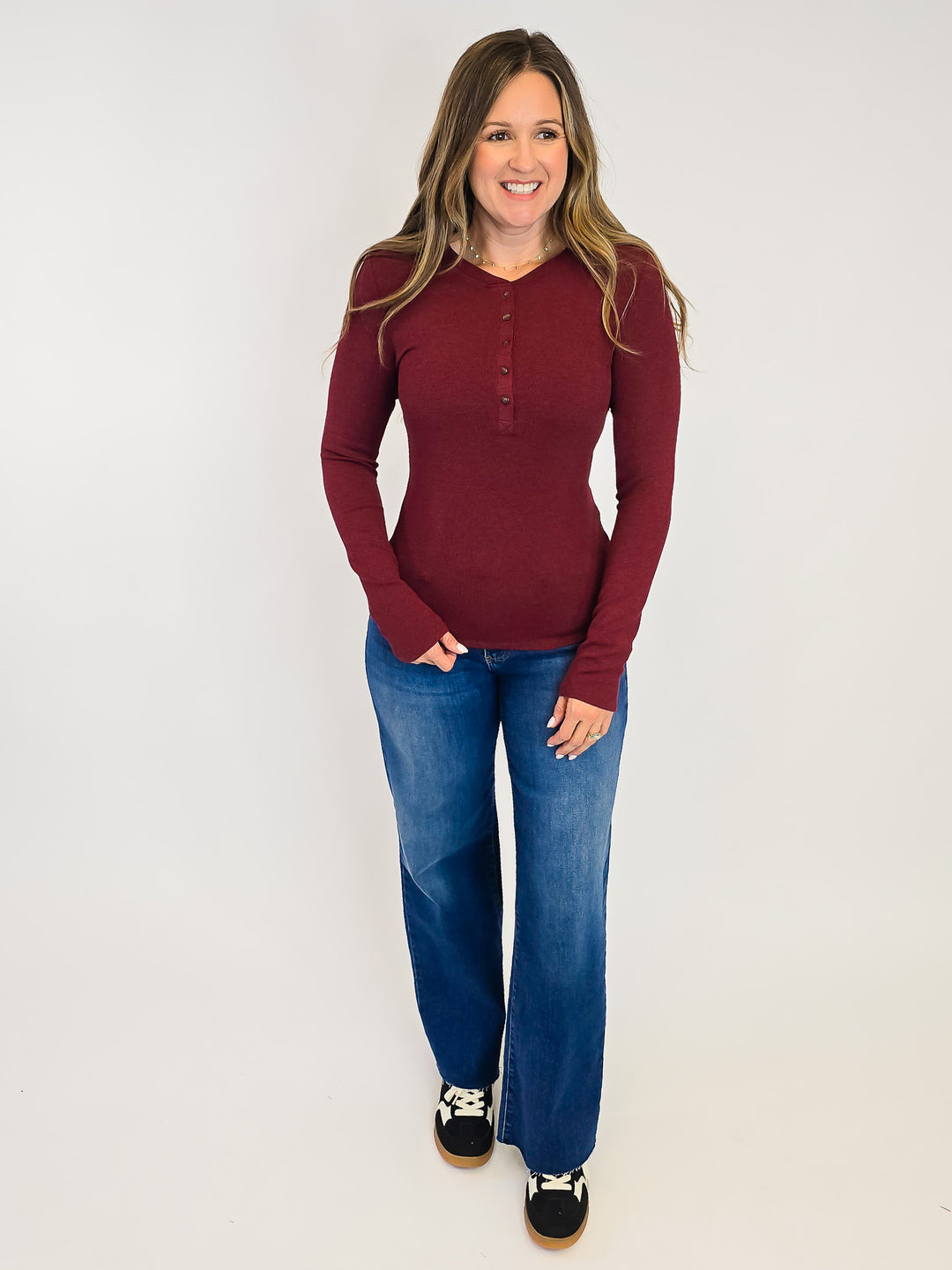 ULTRA SOFT CLASSIC RIBBED LONG SLEEVE HENLEY TOP - BURGUNDY