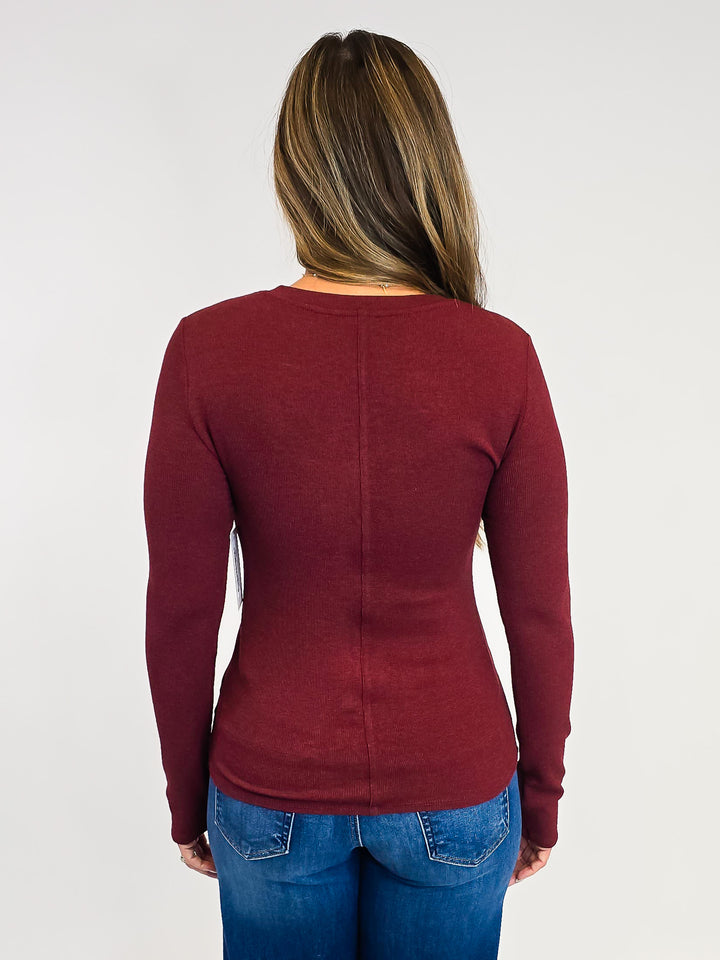 ULTRA SOFT CLASSIC RIBBED LONG SLEEVE HENLEY TOP - BURGUNDY