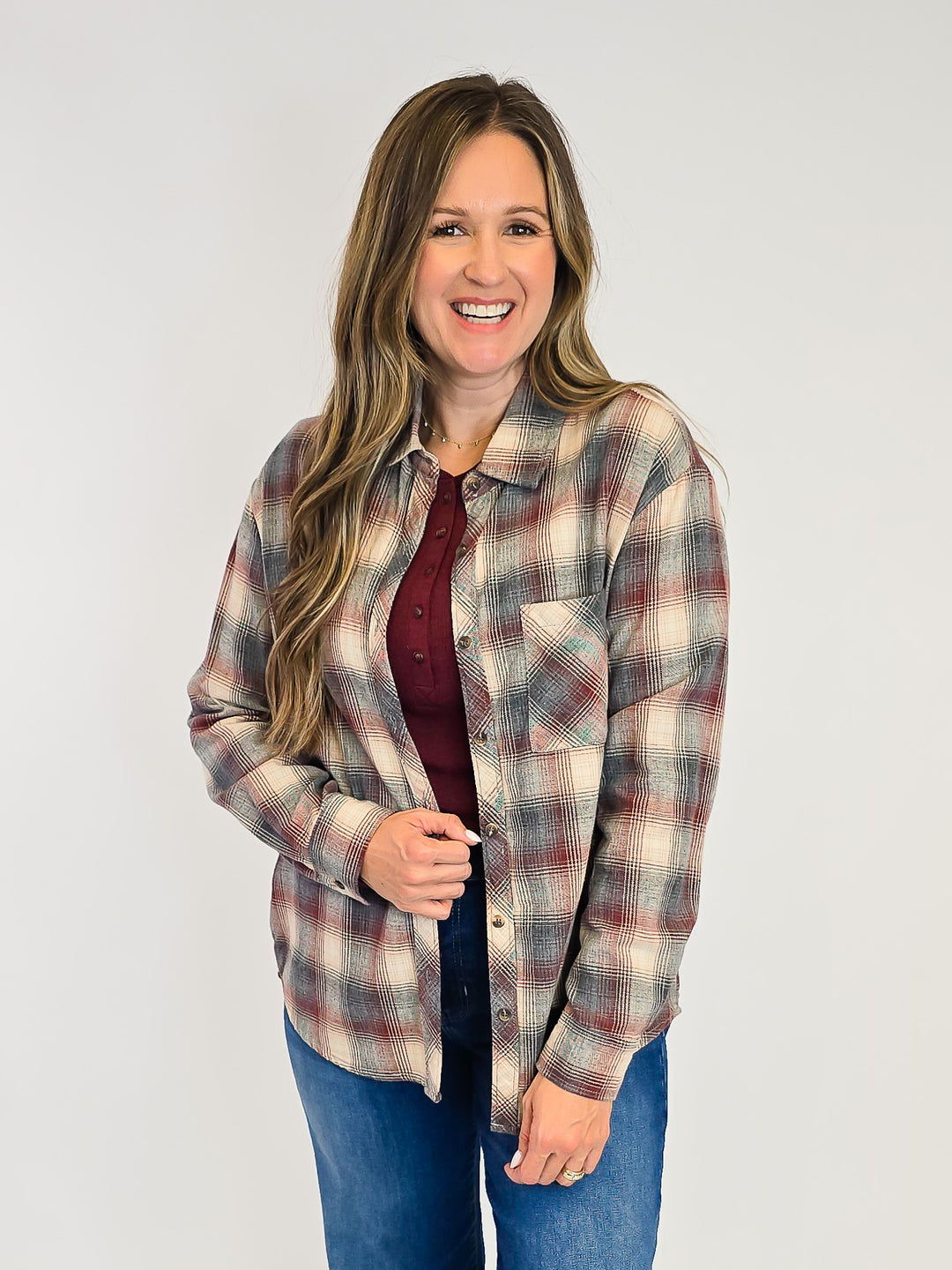 CLASSIC PLAID LONG SLEEVE BUTTON UP SHIRT - GREY/BURGUNDY/BEIGE