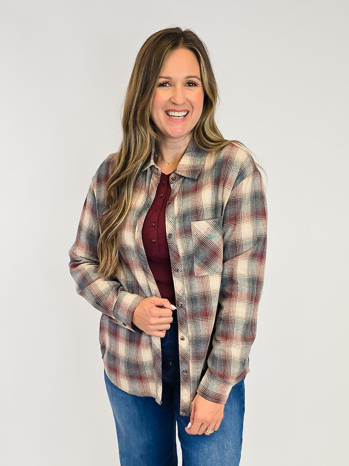 CLASSIC PLAID LONG SLEEVE BUTTON UP SHIRT - GREY/BURGUNDY/BEIGE