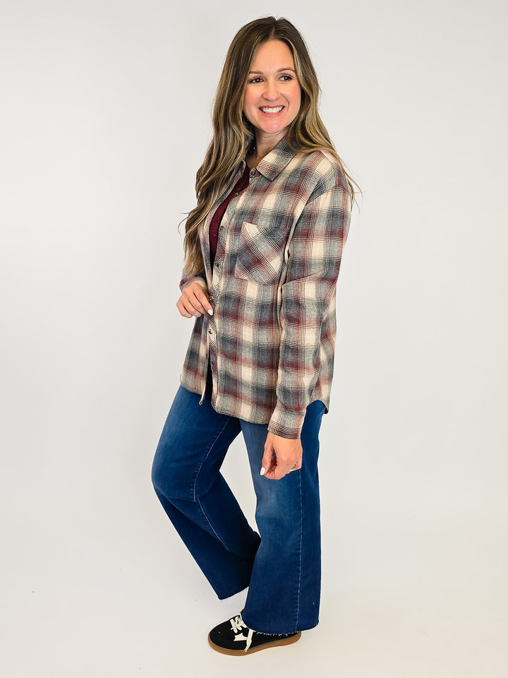 CLASSIC PLAID LONG SLEEVE BUTTON UP SHIRT - GREY/BURGUNDY/BEIGE