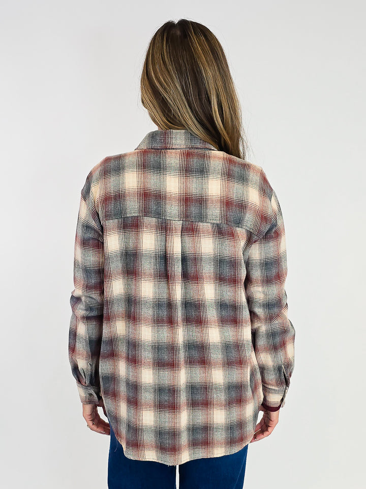 CLASSIC PLAID LONG SLEEVE BUTTON UP SHIRT - GREY/BURGUNDY/BEIGE