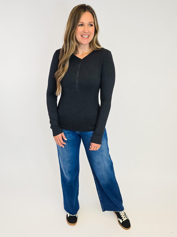 ULTRA SOFT CLASSIC RIBBED LONG SLEEVE HENLEY TOP - CHARCOAL