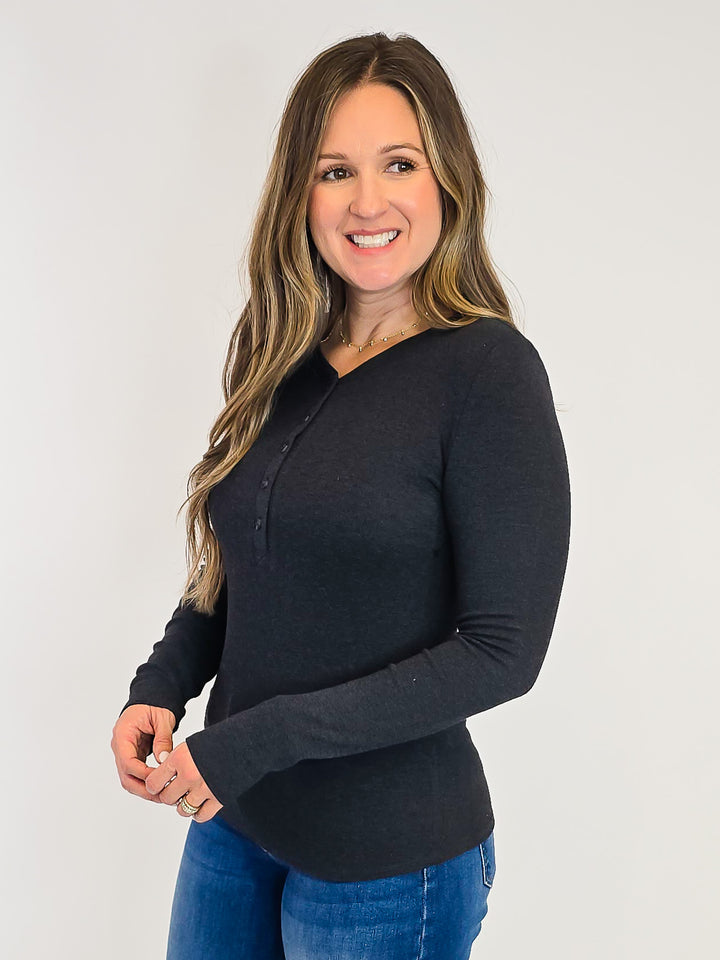 ULTRA SOFT CLASSIC RIBBED LONG SLEEVE HENLEY TOP - CHARCOAL