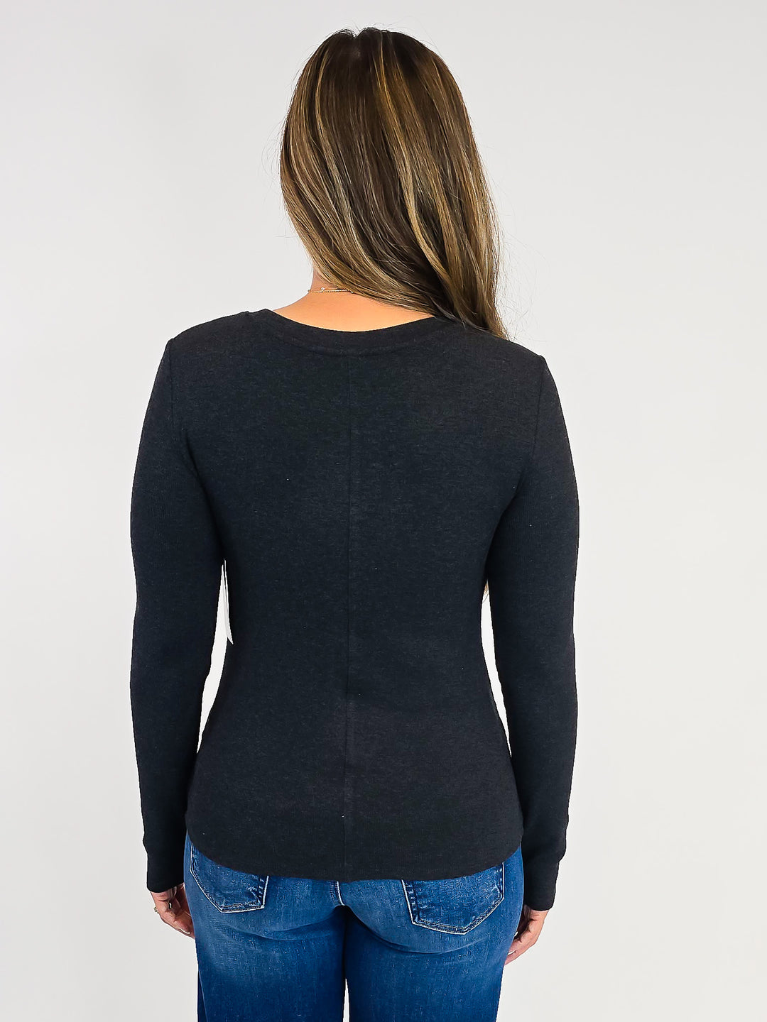 ULTRA SOFT CLASSIC RIBBED LONG SLEEVE HENLEY TOP - CHARCOAL