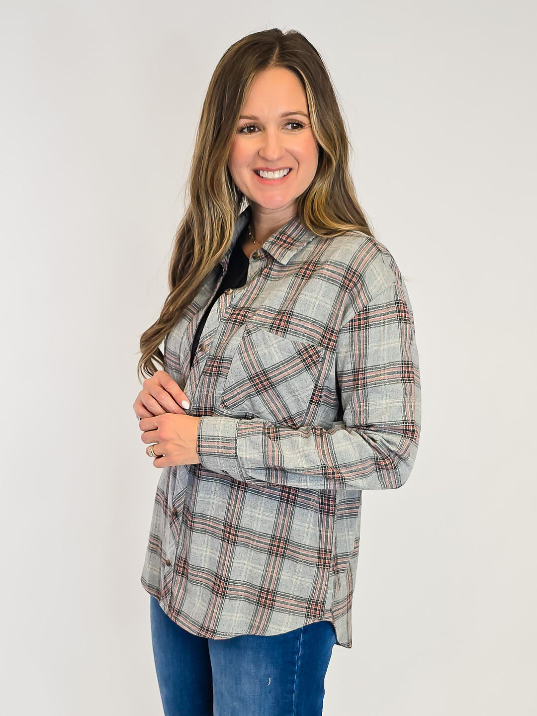 CLASSIC PLAID LONG SLEEVE BUTTON UP SHIRT - HEATHER GREY/MAUVE