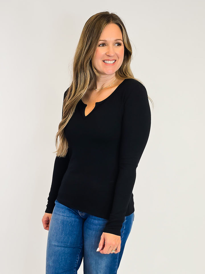 ULTRA SOFT NOTCHED NECK LONG SLEEVE TEE - BLACK