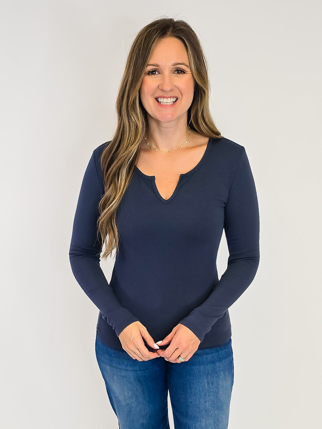 ULTRA SOFT NOTCHED NECK LONG SLEEVE TEE - DARK TEAL
