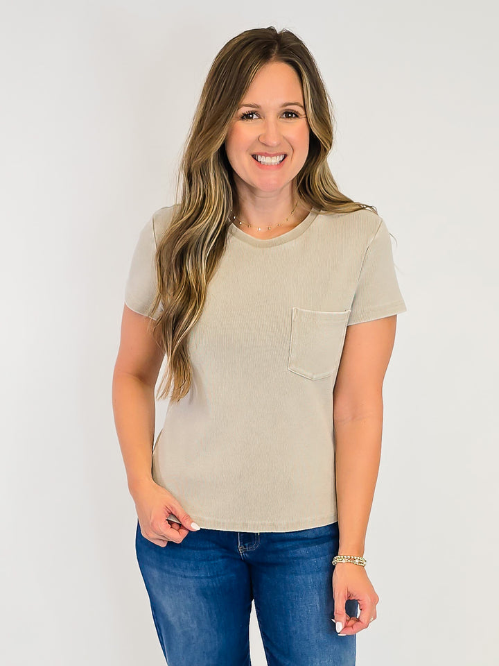 SHORT SLEEVE RIBBED GINNY TEE - TAUPE