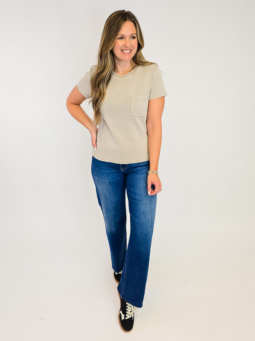 SHORT SLEEVE RIBBED GINNY TEE - TAUPE