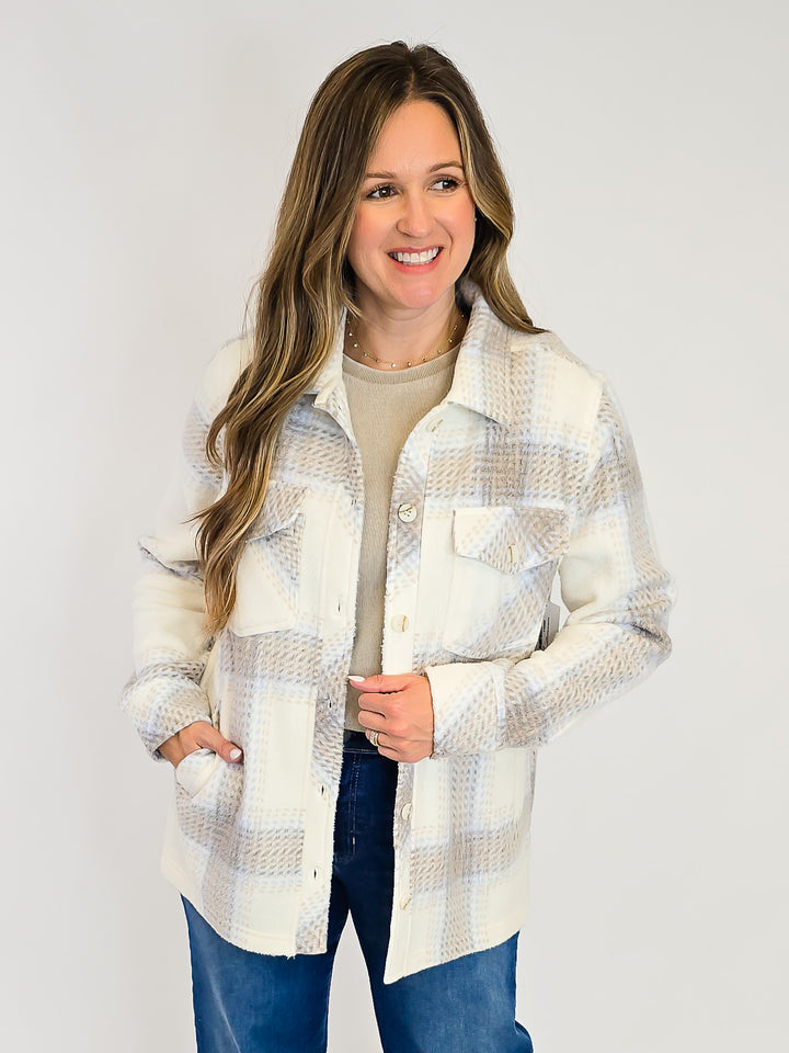BUTTON UP PLAID PLUSH SHACKET - IVORY/ LIGHT BROWN